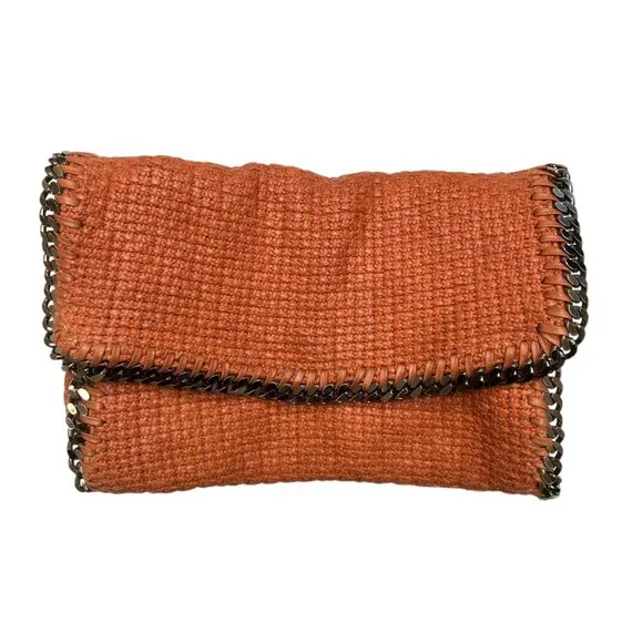 Stella McCartney Raffia‎ Falabella Flap Shoulder Bag Salmon Red Chain Clutch - Picture 10 of 12